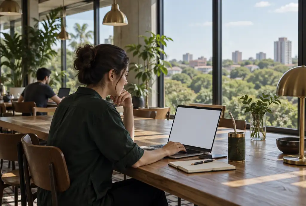 Remote worker in soft profile with a laptop at a long oak table in an Asunción coworking space