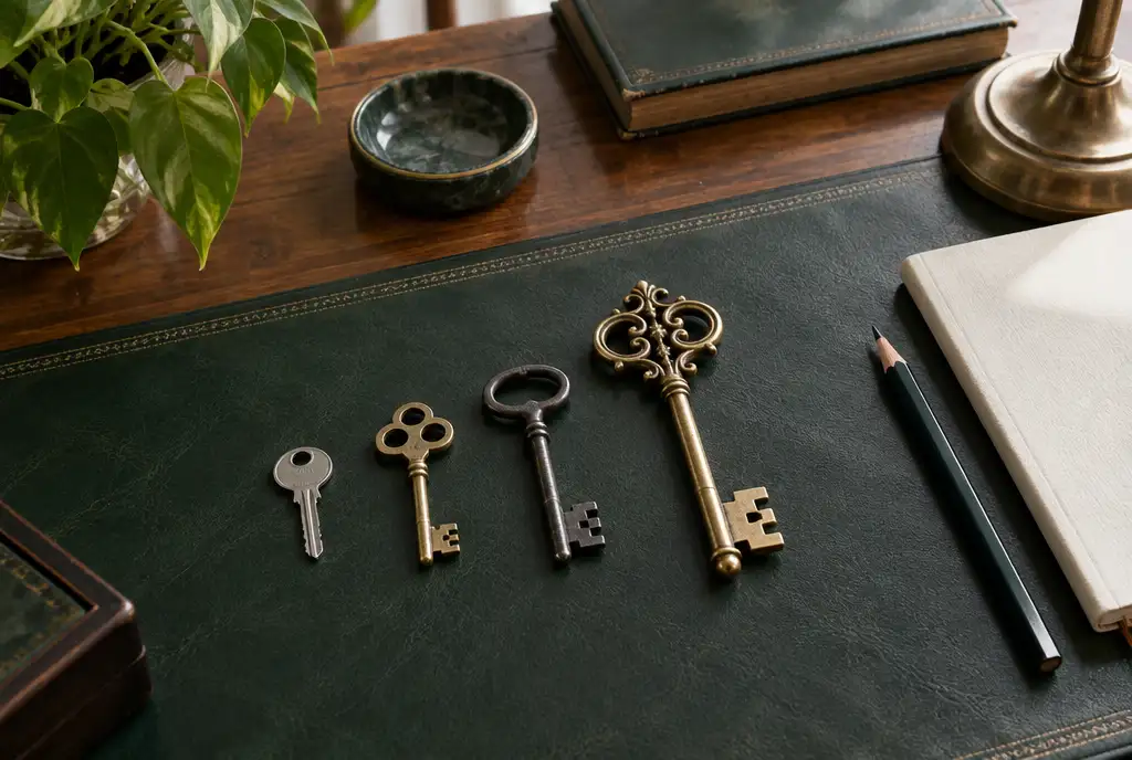 Four different keys in a row on a green leather desk mat beside a notebook