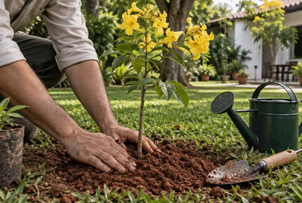Hands pressing red earth around a young lapacho sapling planted in a garden in Asunción