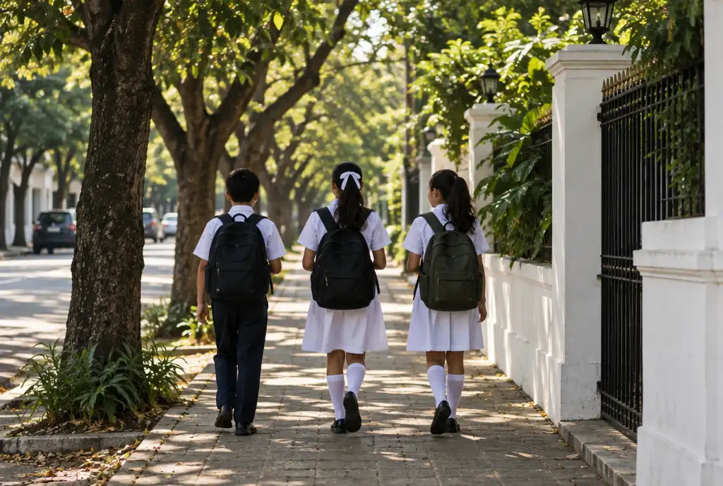 Schoolchildren in white uniforms seen from behind walking along a tree-lined street in Asunción