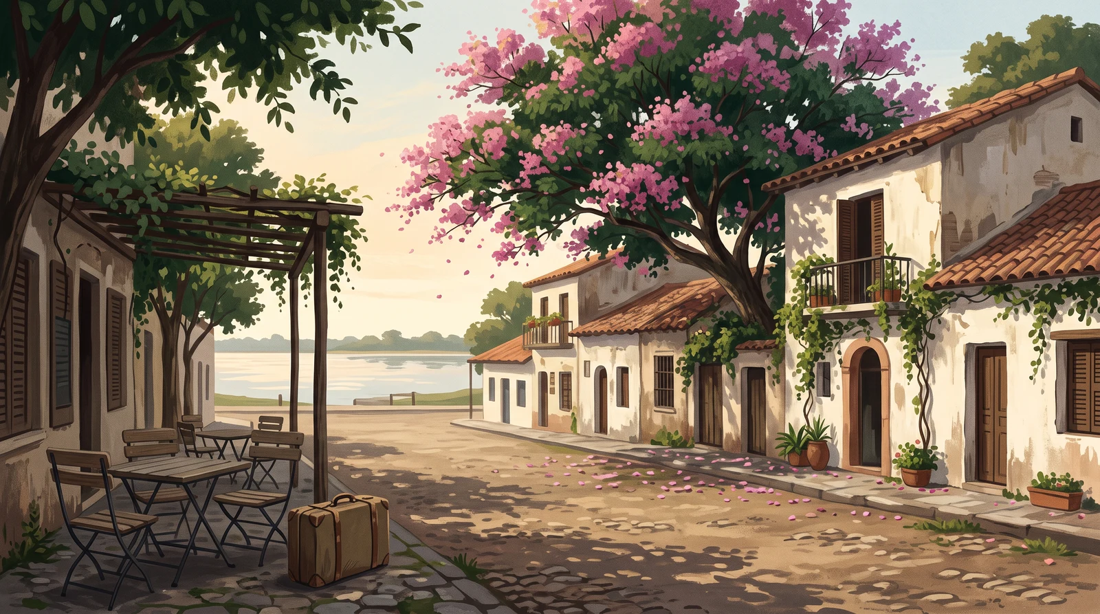 Illustration of an empty shaded riverside café and street with a suitcase