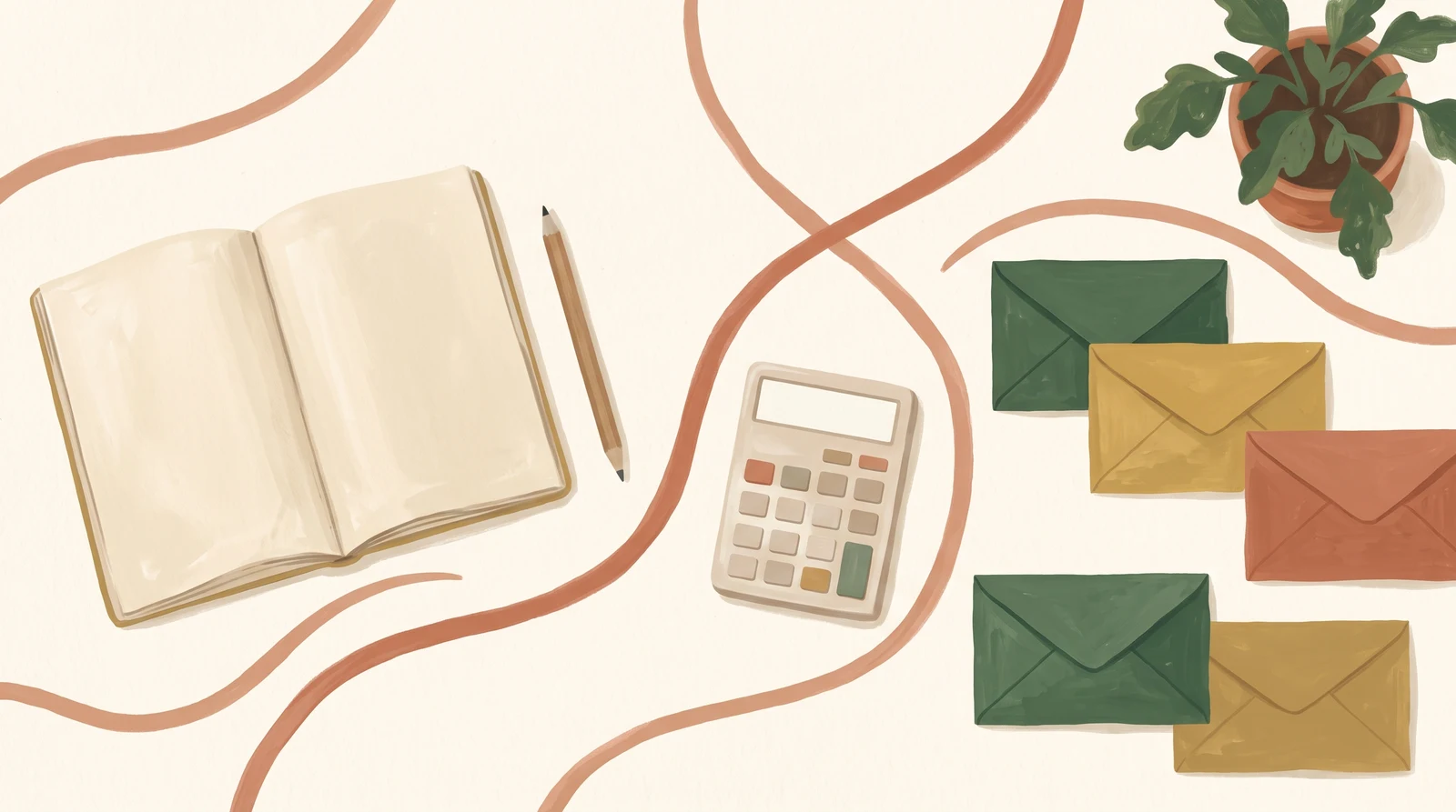 Illustration of an open notebook, calculator, envelopes and a potted plant