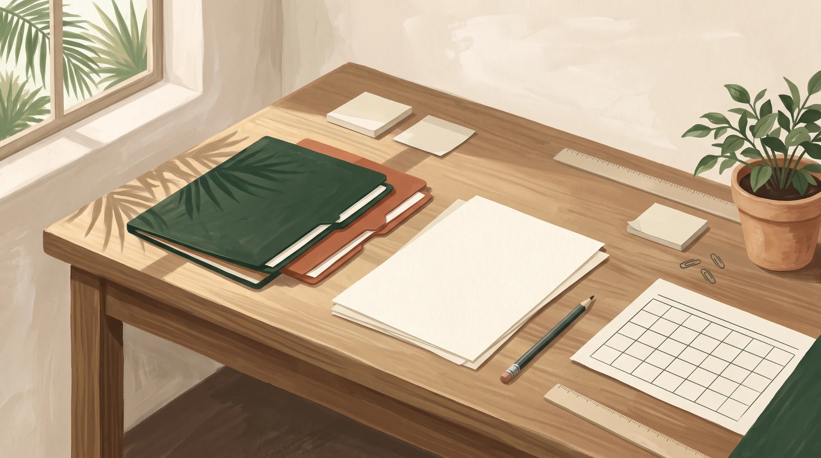 Illustration of folders, blank papers, a pencil, calendar and potted plant on a desk