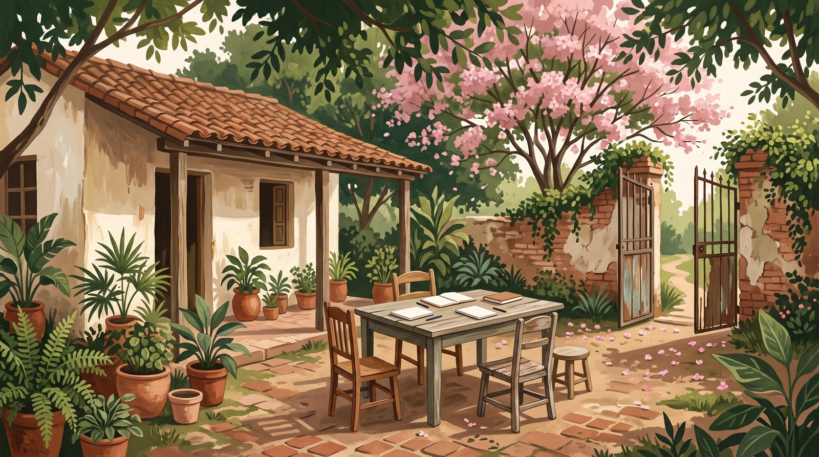 Illustration of an empty courtyard with three chairs and notebooks