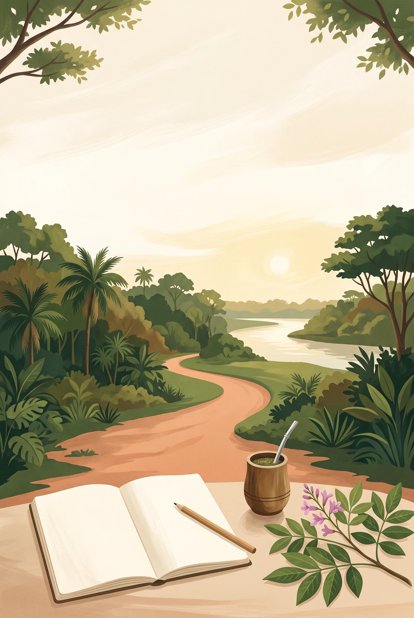 Illustrated Paraguay river landscape with a winding path, open notebook and mate cup